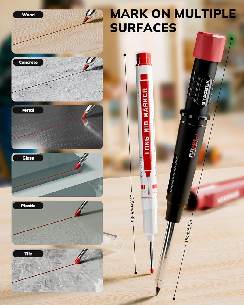 STAGEEK 3 Pack Carpenter Pencils with Sharpener, Mechanical Carpenter Pencils with 57 Refills, construction pencil heavy duty Woodworking Tools, Deep Hole Long Nib Marker Pens for Architect Marking - Image 2